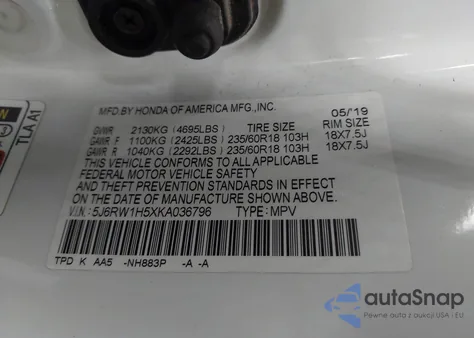 2019 Honda Cr-V Ex из США, поврежденный, VIN 5J6RW1H5XKA036796